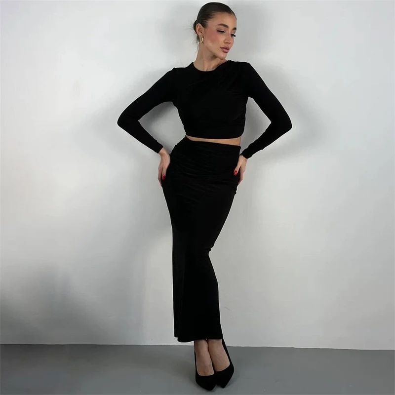 Elegant Party Ruched Maxi Dress Sets Women 2 Piece Club Outfits Long Sleeve O-neck Crop Top and Bodycon Long Skirt Matching Sets