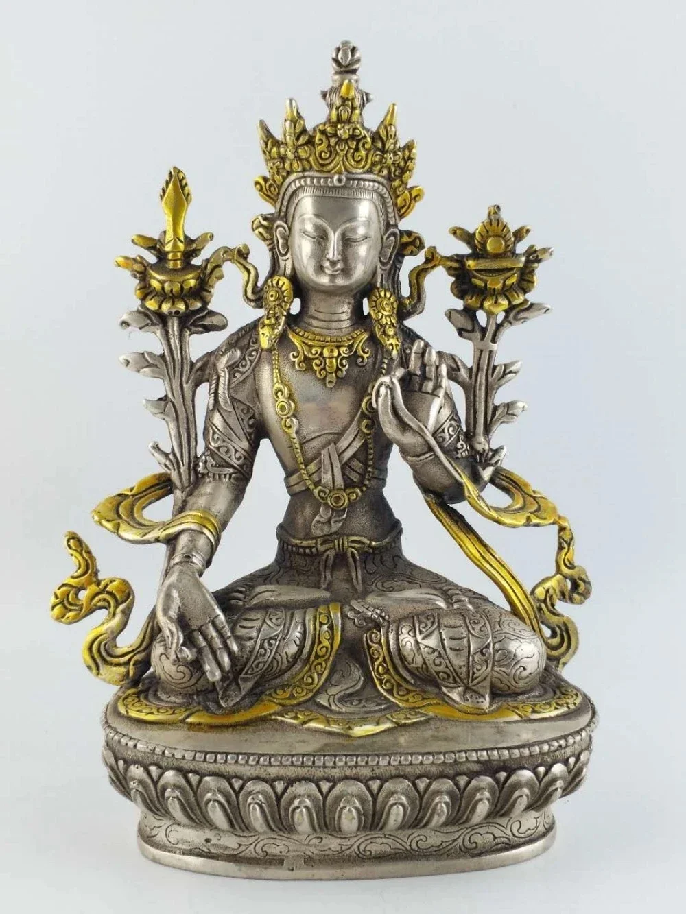 

8.27 inch / Elaborate Chinese Tibetan silver Buddha white tara Tibetan Buddhism Statue