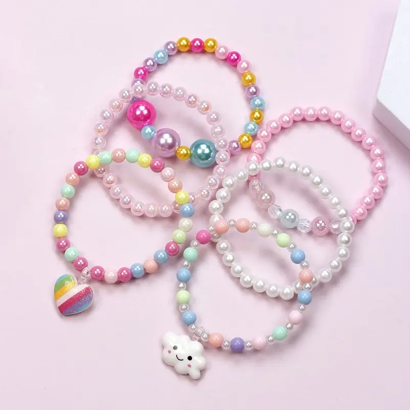 3-6Pcs/Set Handmade Butterfly Flower Pendant Charm Beads Stretch Bracelet for Girls Kids Friendship Party Birthday Jewelry Gift