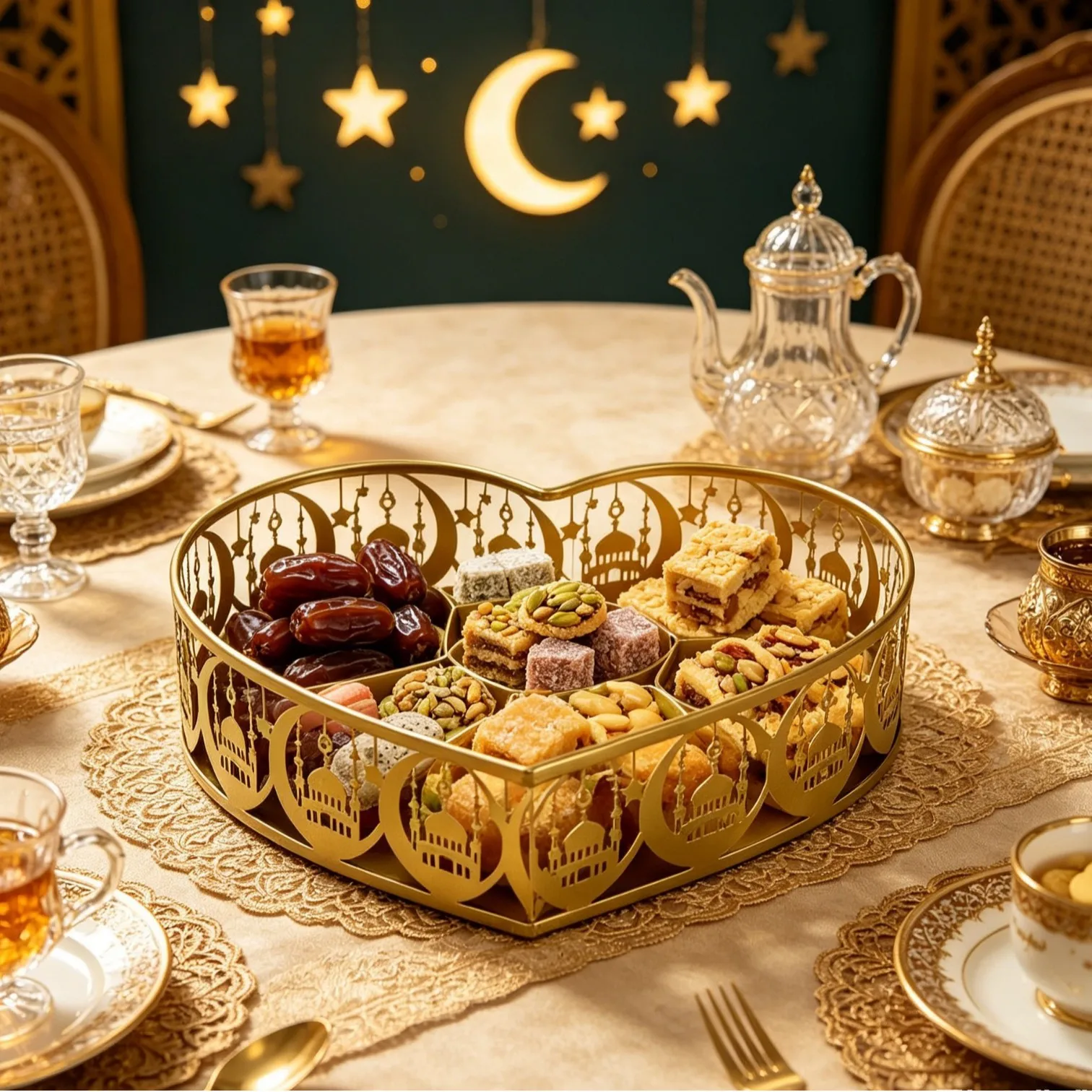 New Arrival Middle Eastern Golden Iron Heart Tray 3-Piece Set, Candy Storage Box Home Decorative Ornament