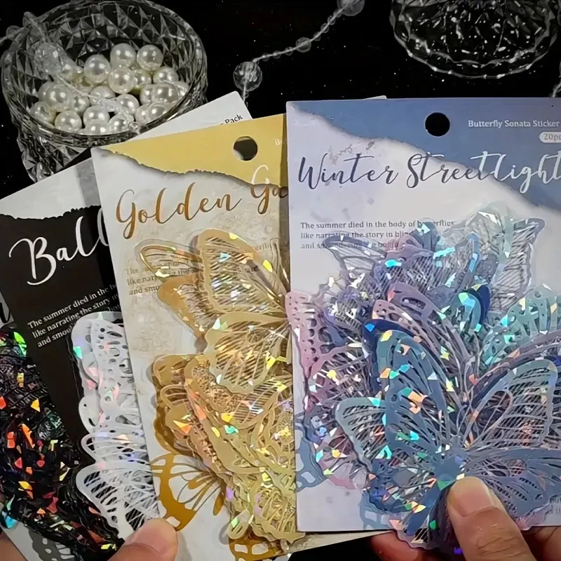20 Sheets Gold-Stamped Laser Butterfly Sticker Set, Exquisite Butterfly Design with Gold Foil & Laser Effect Retro Journal Craft