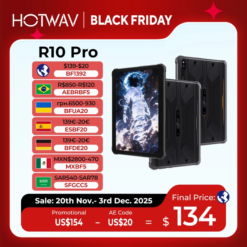 Прочный планшет HOTWAV R10 Pro, 10800 мАч, массивная батарея, 10,1-дюймовый HD+-дисплей, Android 14, 8 ГБ, 256 ГБ, 13 МП, 4G, глобальный планшетный ПК