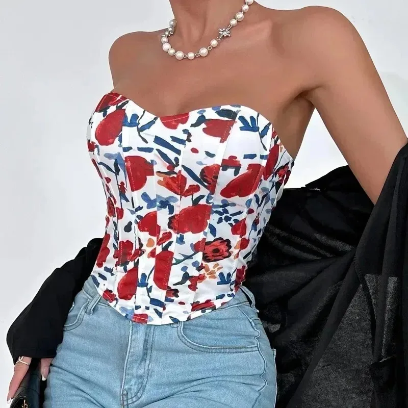 

Summer Y2K Red Rose Sleeveless Embroidery Floral Crop Top, Corsets Shaper,Sexy Strapless Fishbone Corset Tube Top Women Clothing