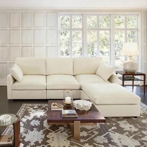 Sectional Cloud Couch for Living Room, Spring Cushion Seating, with Ottoman, Movable, L Shaped Convertible Modular Sofa
