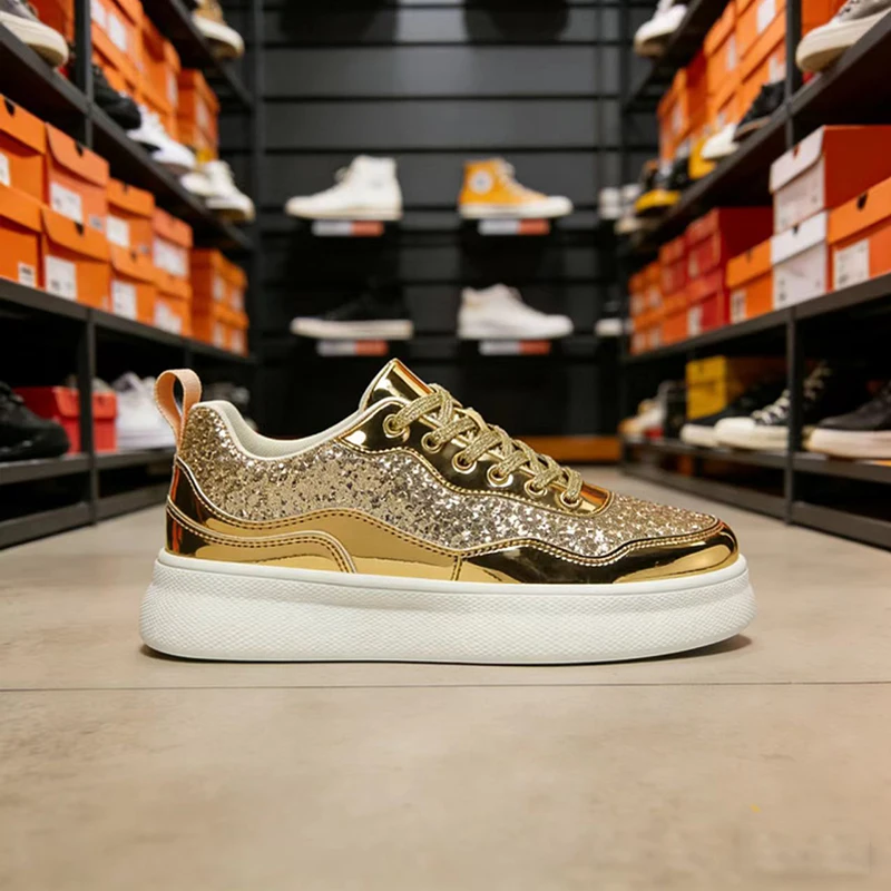 

Golden Silvery Shiny Luxury Designer Shoes For Men Casual Men's Skateboard Sneakers Platform Glitter Stylish Women's Sports Shoe