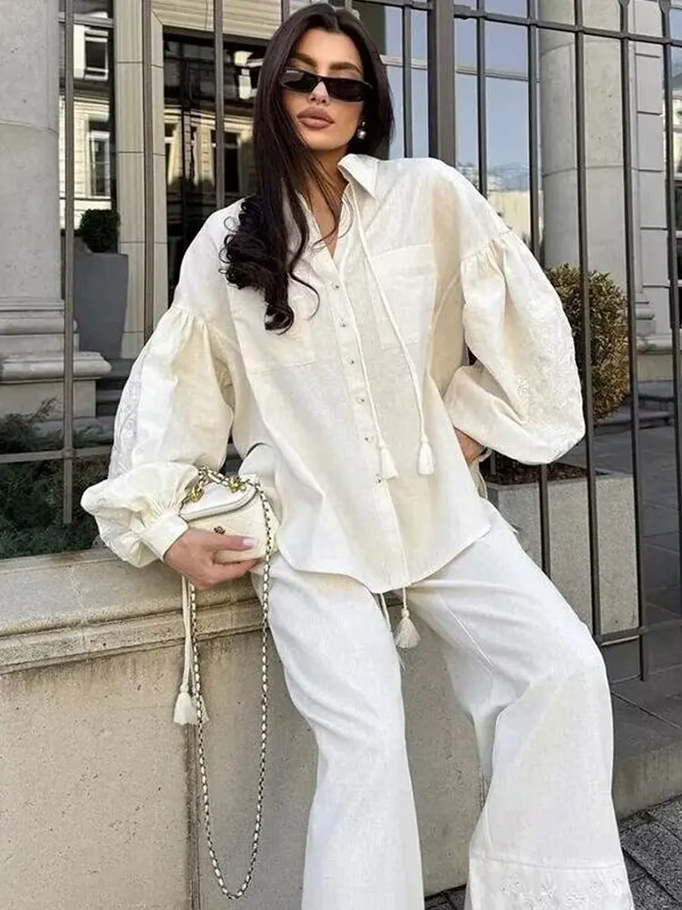 

HH Women's Elegant Cotton Linen Tassel Embroidered Suit Long Sleeves Lapel Pockets Shirt Top+Elastic Waist Wide-leg Pants