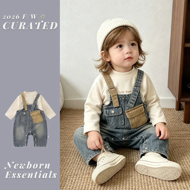 2026Autumn collection: boys' outfit, fashionable denim overalls for baby boys, autumn clothing for newborns, suitable for outdoo