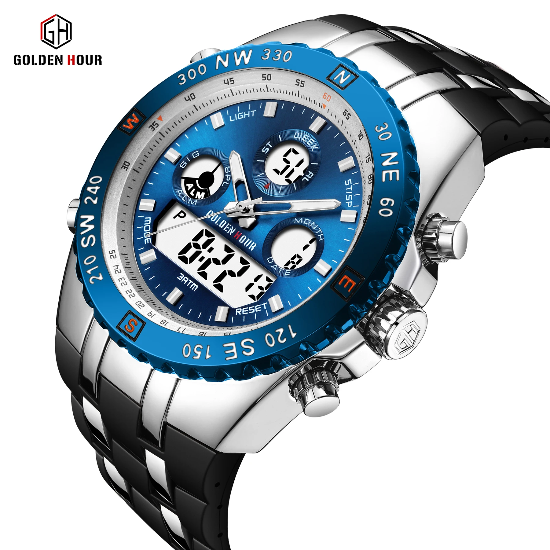 GOLDENHOUR Luxus-Herrenuhr in Blau, militärisch, taktisch, industriell, wasserdicht, LED, digital, analog, Dualzeit, Sport-Silikon-Armbanduhr