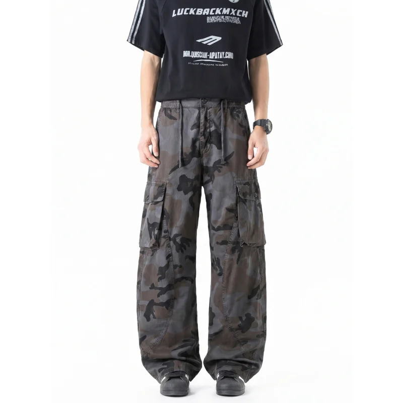 American retro camouflage work pants for men, wide leg loose straight leg multi pocket pants