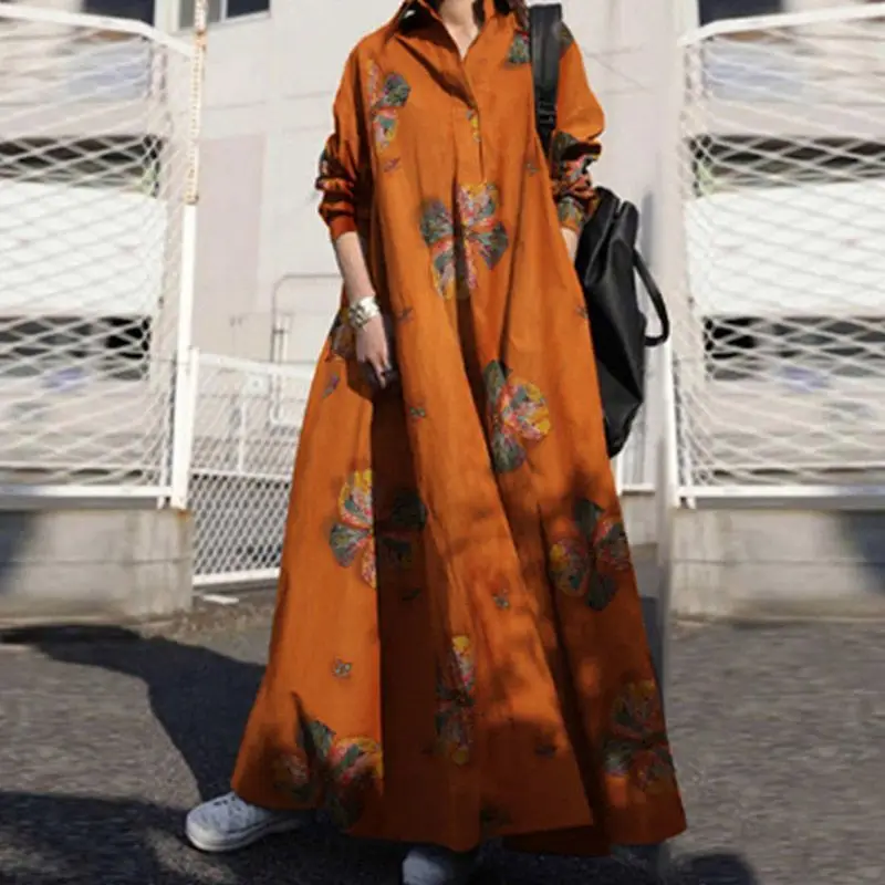 

African European and American Big Hem Dress 100.00kg Cotton Linen Vintage Saudi Women's Printed Loose Long