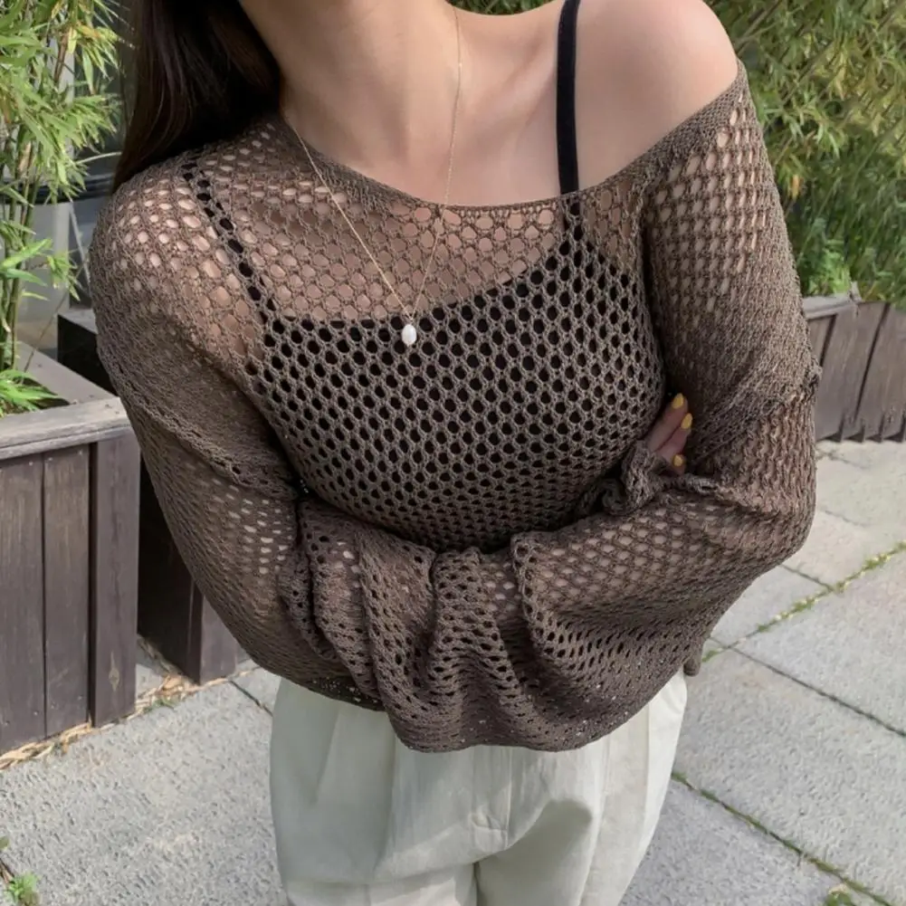 For Women Women Hollow Knit Top Solid Color Round Neck Long Sleeve Sunscreen Cover Up Loose Fit Casual Knitting Tops