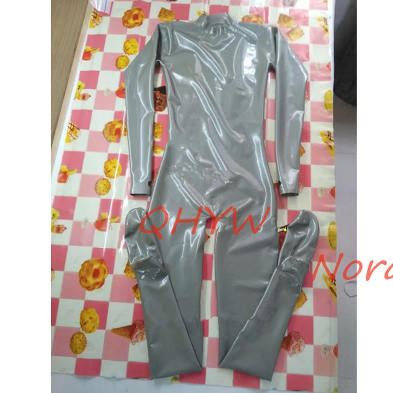 Handmade Men Latex Catsuit Silver Jumpsuit Neck Entry Fetish Rubber Bodysuit with Small Hole at Front Cosplay Costumes