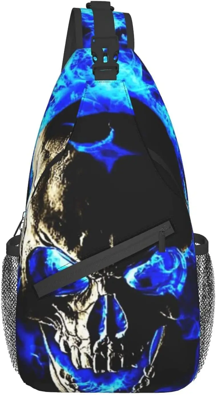 Crossbody Backpack Skull Blue Fire Sling Shoulder Bag for Men Women Durable Adjustable Gym Bag Cycling Traveling Hiking One Size