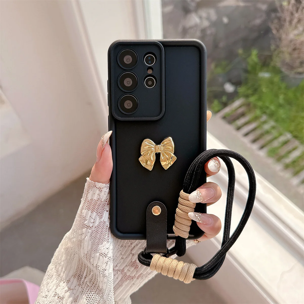3D Gold Schleife Handyhülle für Samsung Galaxy S26 Ultra S25 Plus S24 S23 S22 S21 FE A16 A17 A35 A36 A55 A56 mit Handschlaufe Weiche Schutzhülle