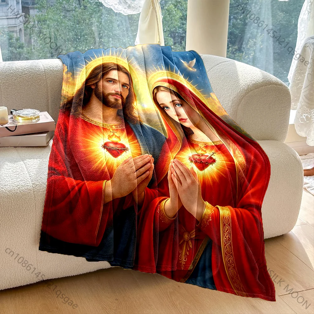 1PC Jesus, Mary, Sacred Heart Print Blanket Warm Soft Fluffy Kids Adult Sofa Bed Throw Blanket Outdoor Travel Camping RV