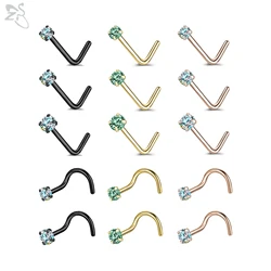AOEDEJ, 1 pieza, 20G, forma de L/S, perno de nariz de acero inoxidable, 2/2, 5/3MM, Piercings de nariz de cristal CZ, Color dorado, joyería para Piercing de fosa nasal