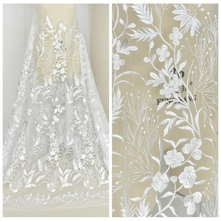 White Floral Embroidery Lace Fabric Wedding Veil Mesh Fabric Dress Accessories