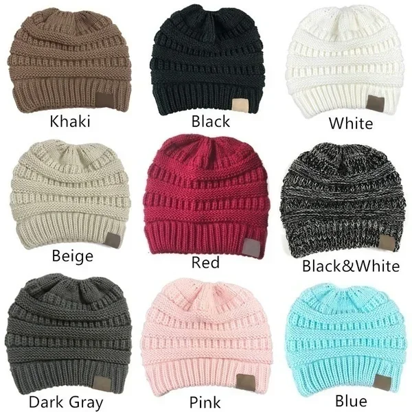 Women Ponytail Beanie Knitted Hat, Messy Bun Winter Skull Cap, Warm Stretchy Cable Knit Headwrap for Ladies Outdoor