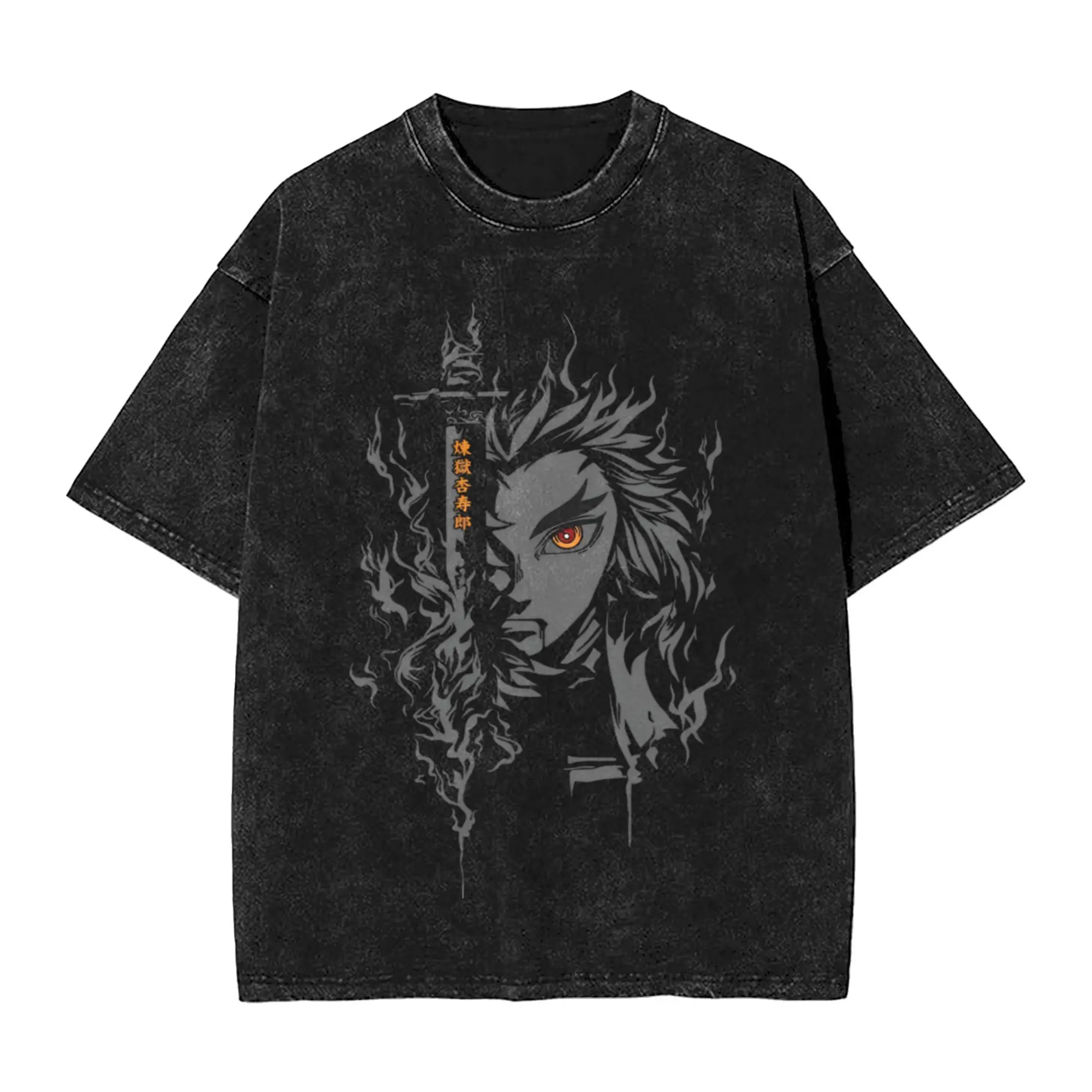 

Стираная футболка Kyojuro Rengoku Хип-хоп Ретро футболки Oversize Kimetsu No Yaiba Манга Уличная одежда Хлопковые летние футболки Мужчины Женщины