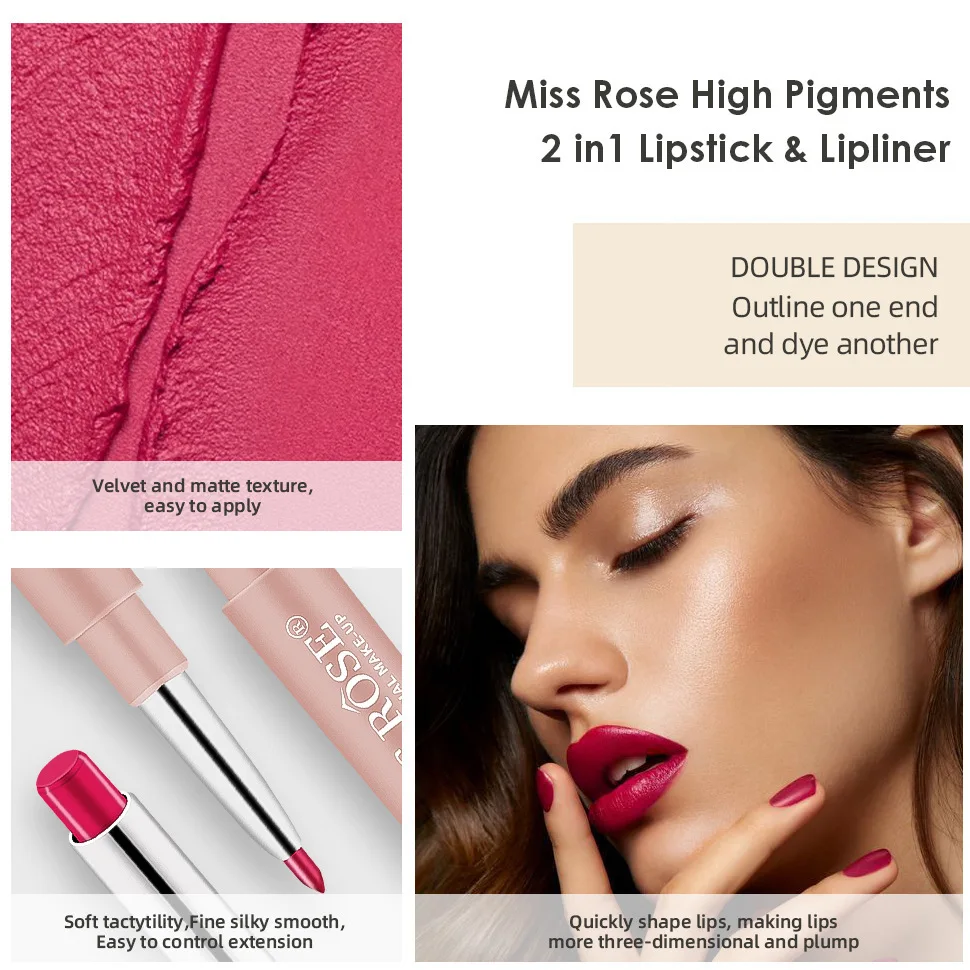 2-in-1 lippotlood en voering met twee uiteinden |   Waterdicht en langdurig |   Verleidelijke rode fluwelen matte dagelijkse lipkleur