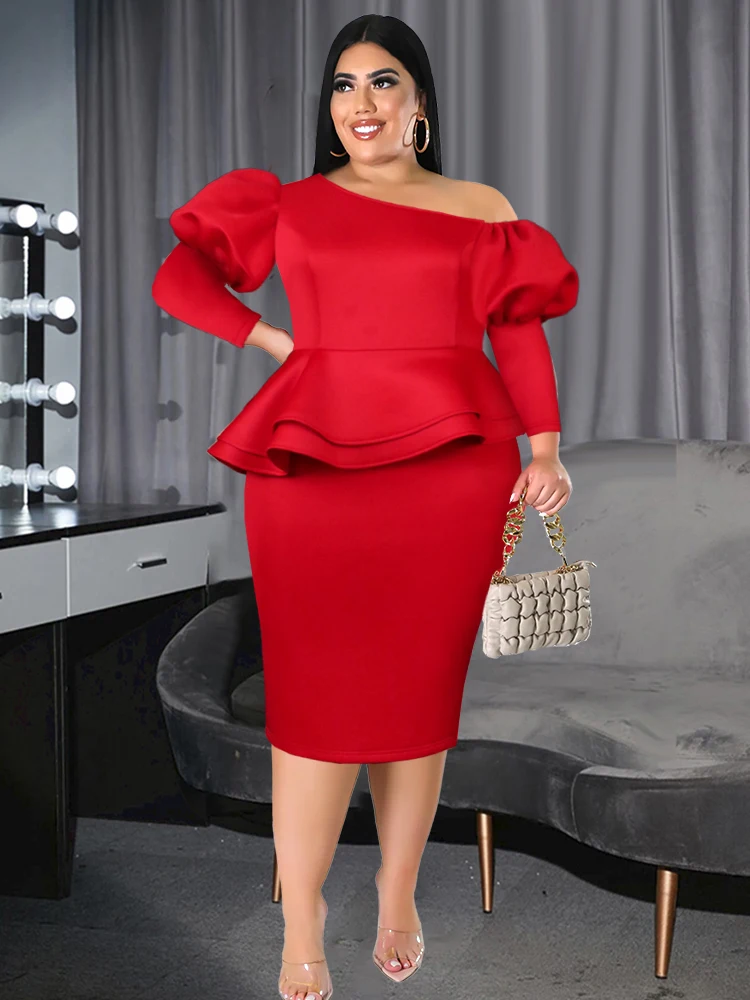 

ONTINVA Red Peplum Dresses Plus Size 4XL Cold Shoulder Puff 3/4 Sleeve Christmas Trim Ruffles Evening Birthday Event Gowns