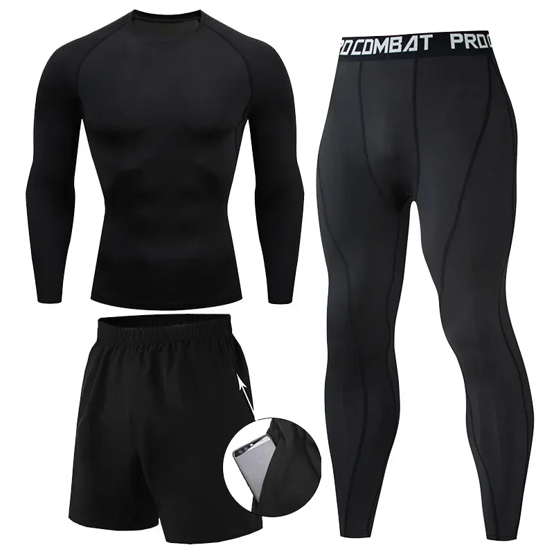 Men\'s 2/3PCs sets boxing suit rashguard male kit MMA compression clothing men long-sleeved T-shirt leggings tracksuit sport suit