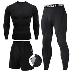 Men's 2/3PCs sets boxing suit rashguard male kit MMA compression clothing men long-sleeved T-shirt leggings tracksuit sport suit