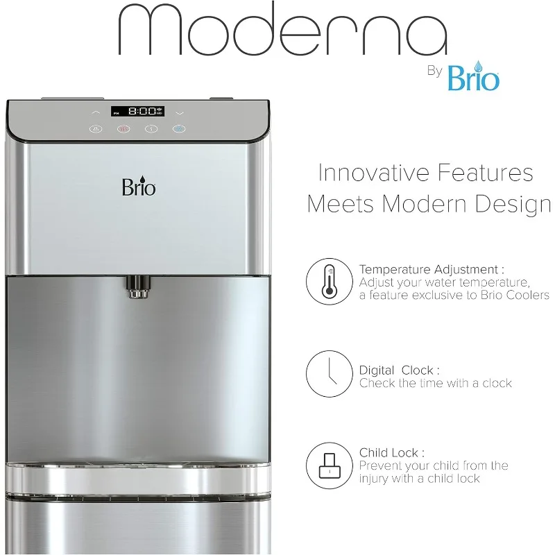 Brio Moderna Self Cleaning Bottleless Water Cooler Dispenser with Filtration – Adjustable Temperature – Digital Clock