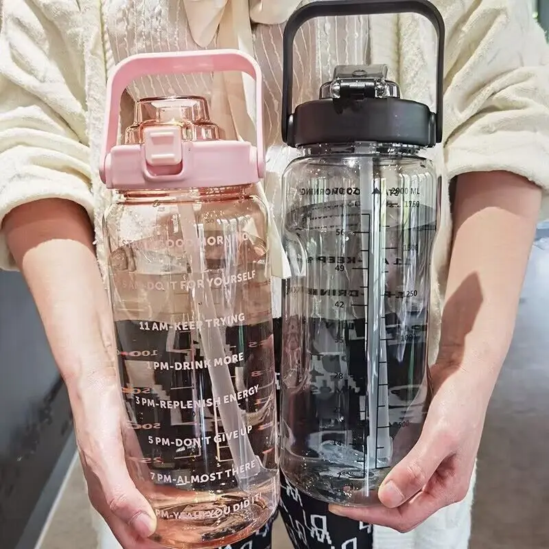 Botella  agua  plástico con pajita  2 litros, botella gran portátil  viaje para niñas, taza gran para portes, Fitn