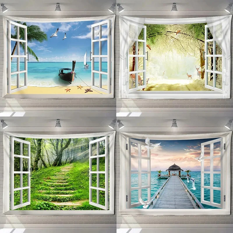 Home decoration natural ecological beach scenery imitation window paper art tapestry background wall room beautiful living room