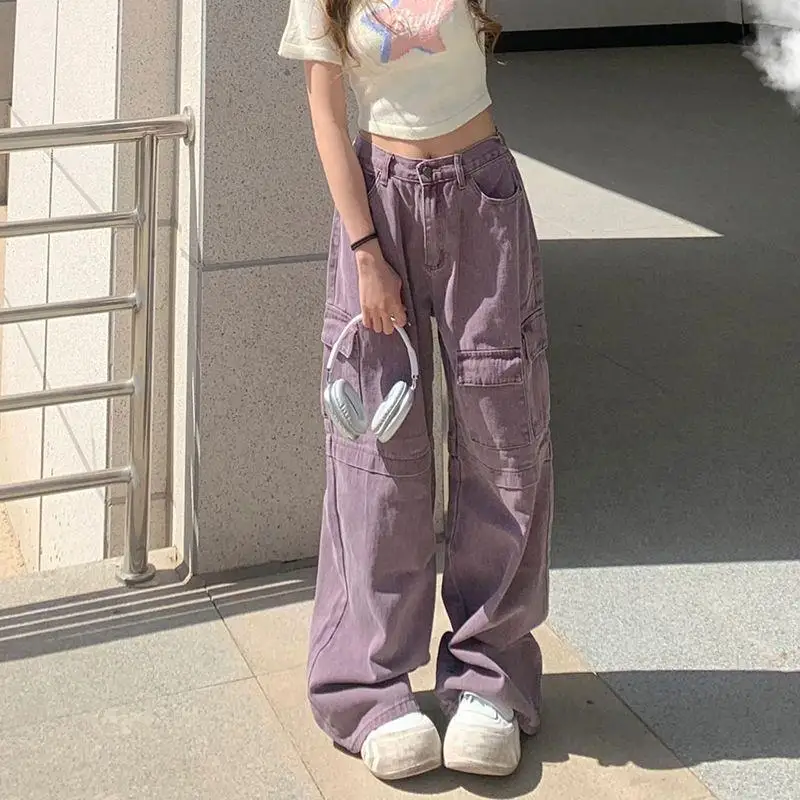 

Plus Size American Retro Purple Cargo Jeans Women's Niche Hot Girl High Waist Loose Wide Leg Pants Mop Pants