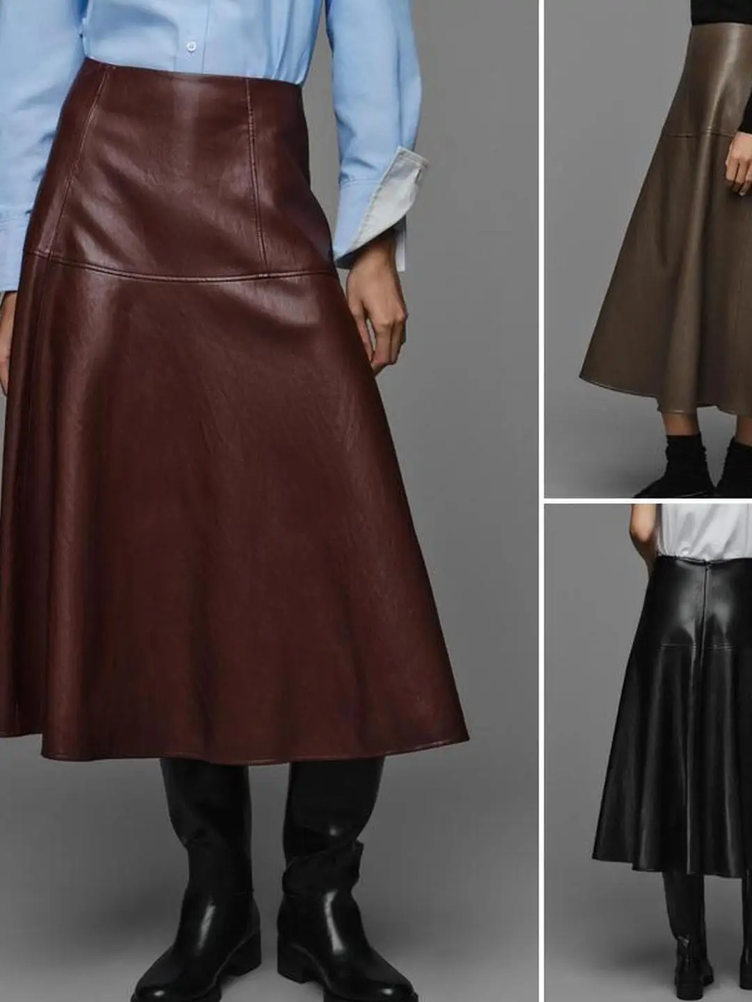 Decorative Layered A-Line Midi Skirt Faux Leather Effect Fabric High Waist PU Cotton Blend Citywalk Suitable for Ladies