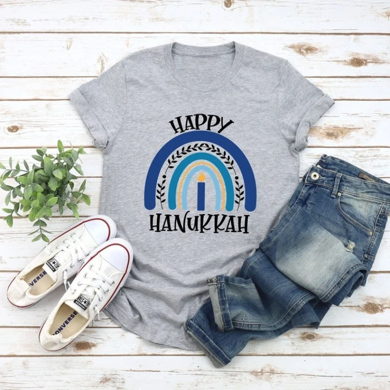 Happy Hanukkah TShirt Menorah Hanukkah Blue Rainbow Lit Jewish Crew Neck Short Sleeve Cotton Soft Breathable Tee Unisex T-shirts