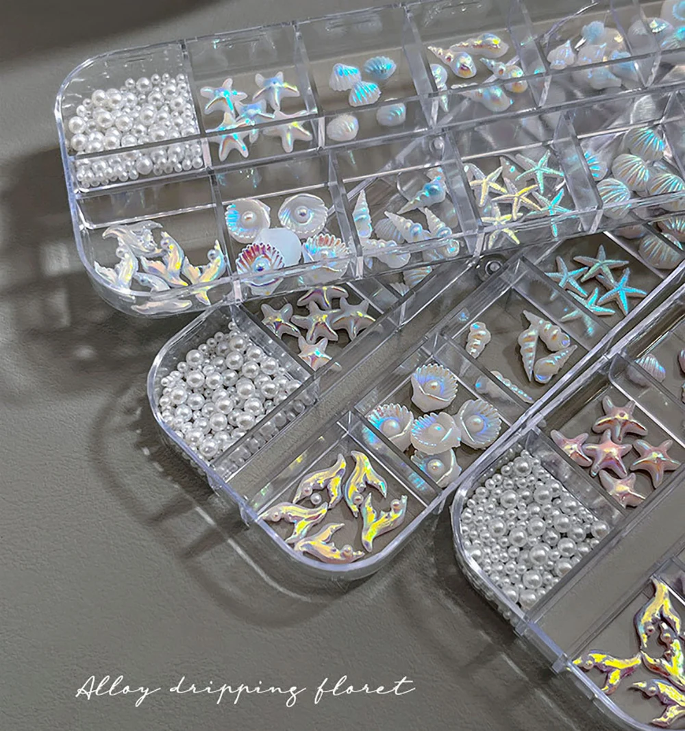 12 Grid Aurora Conch Shell Coconut Tree Mermaid Nail Art Rhinestones Summer Ocean Life Pearl Manicure Rhinestones Decorations view 2