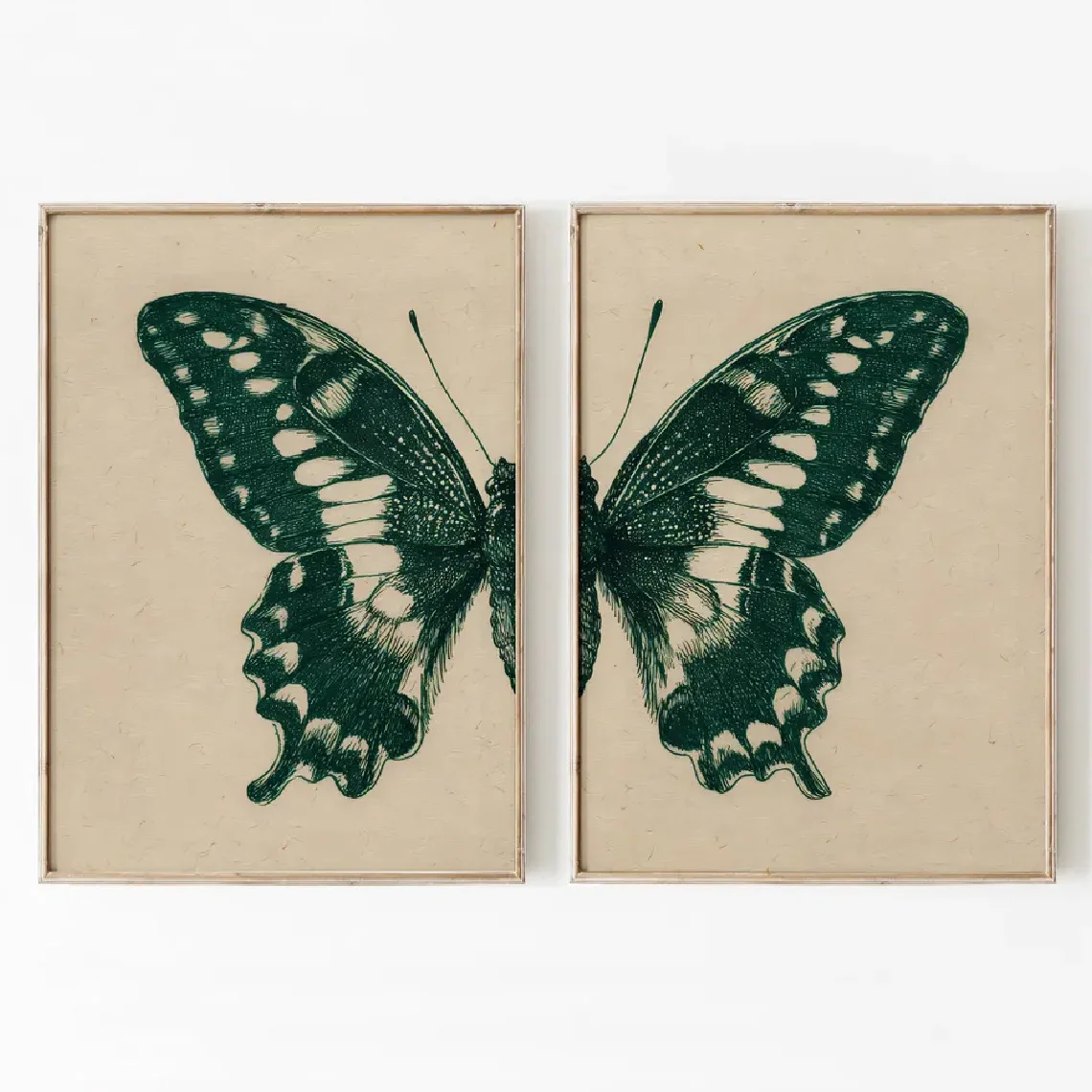 2pcs Retro Poster Wall Decoration Artwork, Retro Style Poster, As Well As Green and Beige Butterfly Wing Art Poster - Frameless
