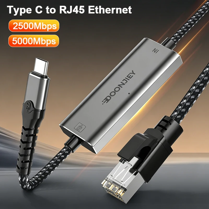 

DOONJIEY USB C to Ethernet Cable 5000Mbps 2 in 1 USB/Type-C to RJ45 Gigabit LAN High Speed Network Adapter For PC MacBook Air