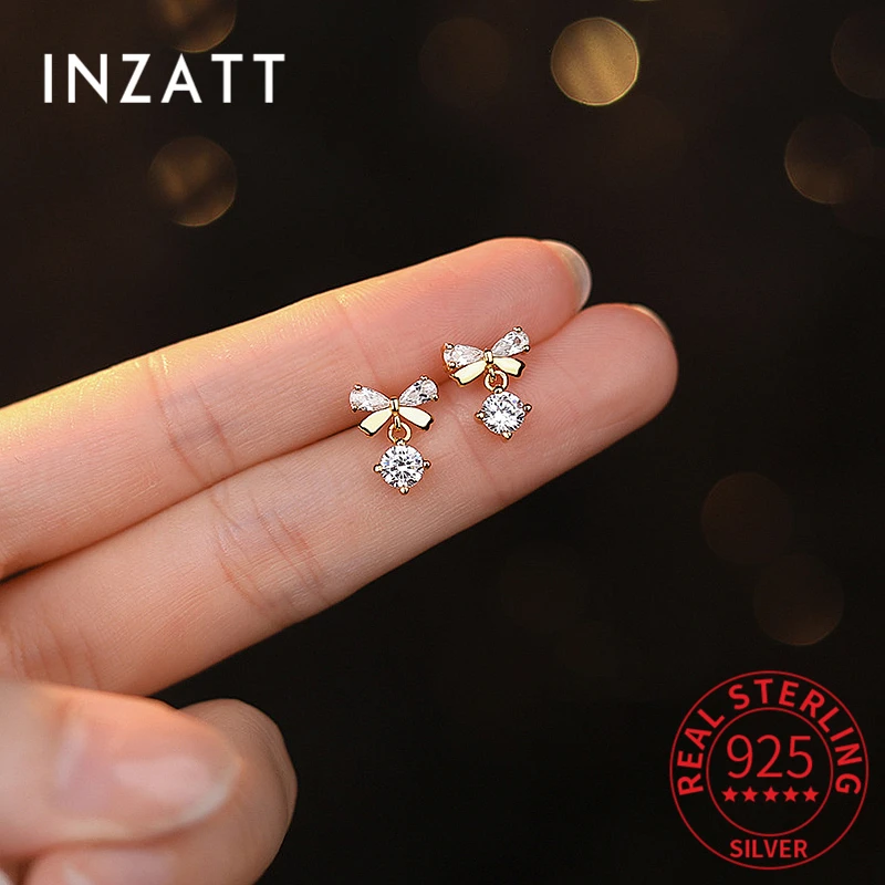 INZATT Real 925 Sterling Silver Zircon Bowknot Stud Earrings for Women Classic Geometric Fine Jewelry Minimalist Accessories