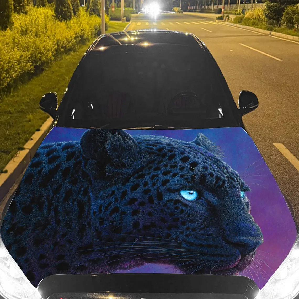 

Car Decals Leopard with Distinct Spots, a Gazing Expression, and a Purple - Toned Backdrop Car Hood Sticker, Waterproof Self - A