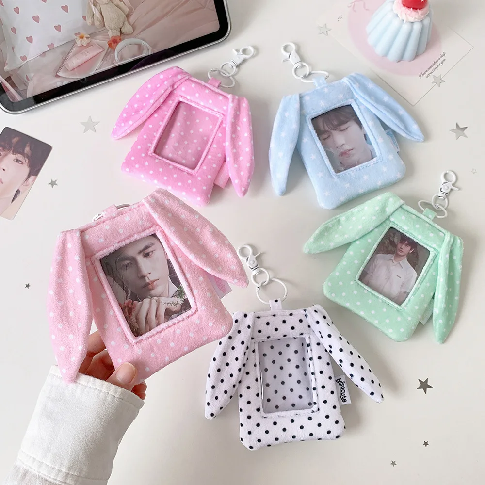 Girl Polka Dot Bunny Ear Pendant Card Holder Kpop 3 Inch Photocard Display Case Student School ID Card Pouch Badge Holder view 2