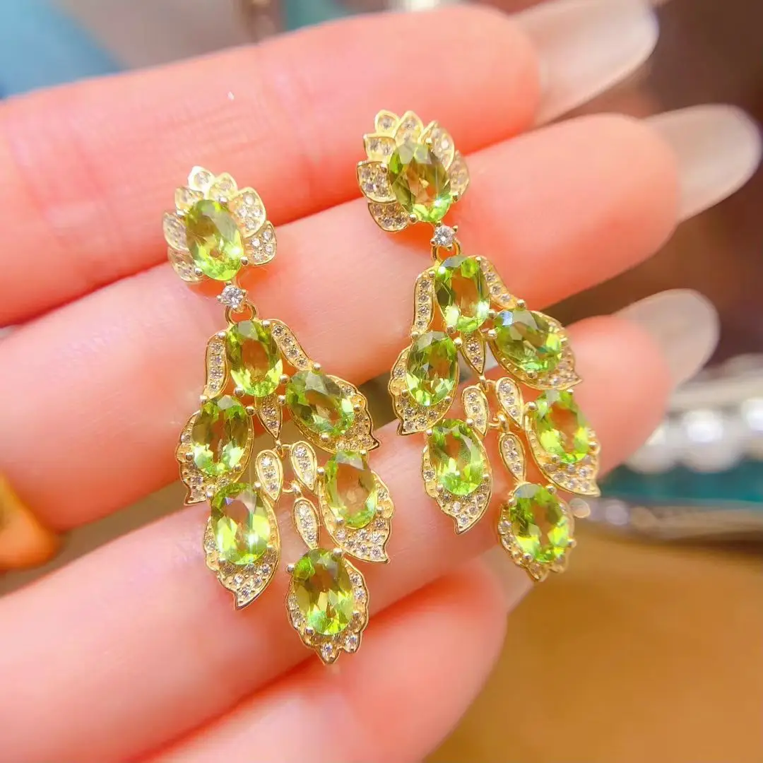 

Luxury Silver Gemstone Drop Earrings for Wedding Natural Peridot Earrings 925 Silver Peridot Jewelry with 18K Gold Plating