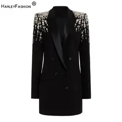 Luxury Fine Workmanship Rhinestone Beading Shoulder Double-breasted Long Sleeve Women Office Blazer Short Mini Notched Dress