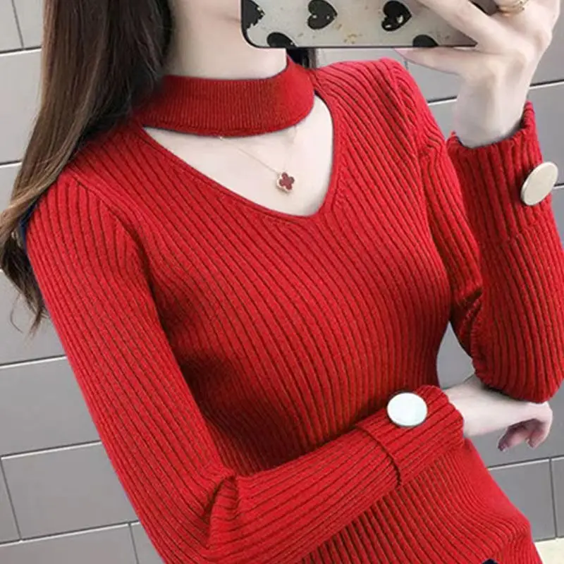 Autumn Winter Women\'s Half High Collar Solid Color Pullover Long Sleeve Screw Thread Hollow Out Sweater Knitted Elegant Tops