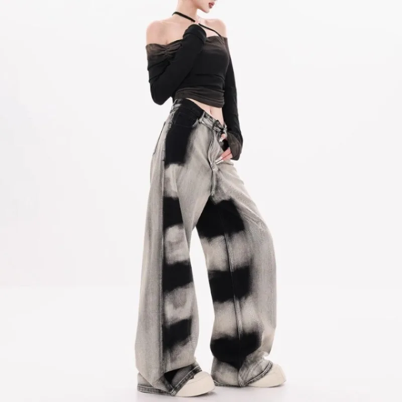 2026 Autumn New Retro Gradient Tie Dye Baggy Jeans Women Japan Korean Fashion High Street Wide Leg Denim Pants Y2k Streetwear