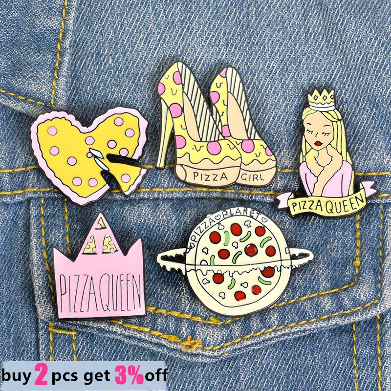 Wholesale Pizza Queen Enamel Pin Pizza Heart Crown Planet High Heels Brooch Bag Clothes Lapel Pin Food Jewelry Gift Girl Friend