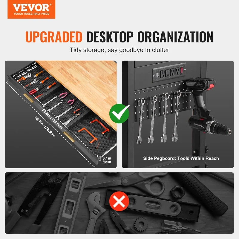VEVOR 60" Adjustable Workbench, 1500 lbs Load Capacity, Work Bench with Drawer Storage, Power Outlet, Wheels, and Pegboard