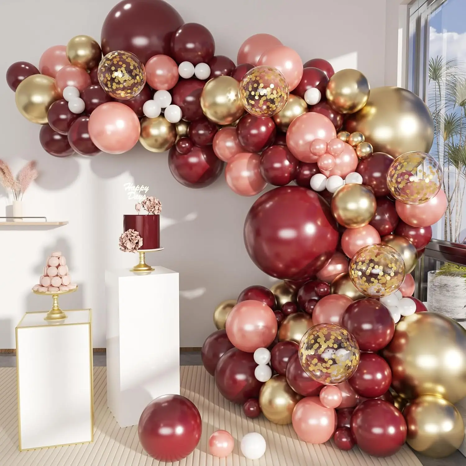 Confetti Burgundy Rose Gold Balloon Arch Kit for Birthday Wedding Anniversary Bridal Bachelorette Wine Party Decoration Supplies