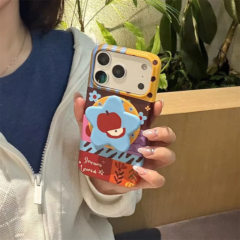 

Aesthetic Vintage Patchwork Phone Case with Star Apple Magnetic Stand For iPhone 17 16 15 Pro Max Soft Protective Cover For Wome