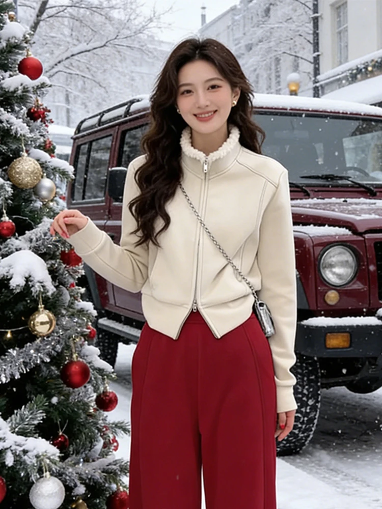 

Женская зимняя куртка с флисовой подкладкой, утепленная, на молнии, с воротником-стойкой, двойной молнией, модная корейская короткая верхняя одежда