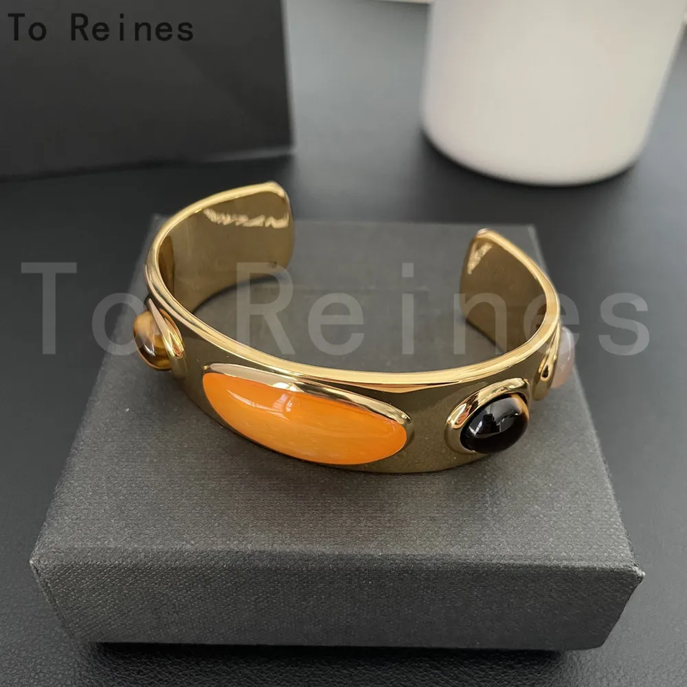 To Reines Gold Color Metal Opening Bangle Multi-colored Natural Stone Decoration Bracelet Women Particularly Wedding Party Gift