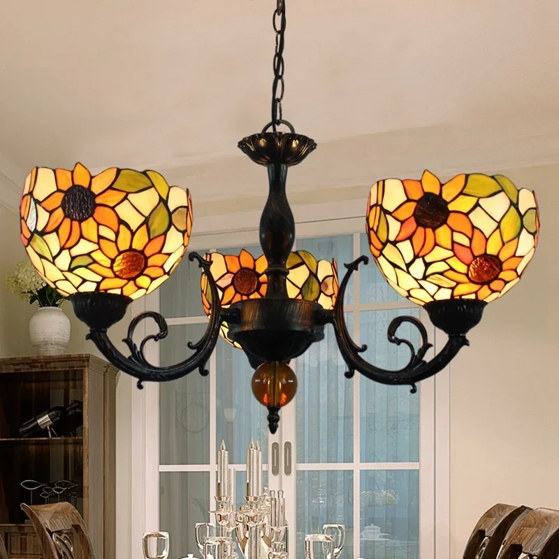 Vintage stained glass living room dining room bedroom bar sun flower pastoral three-head